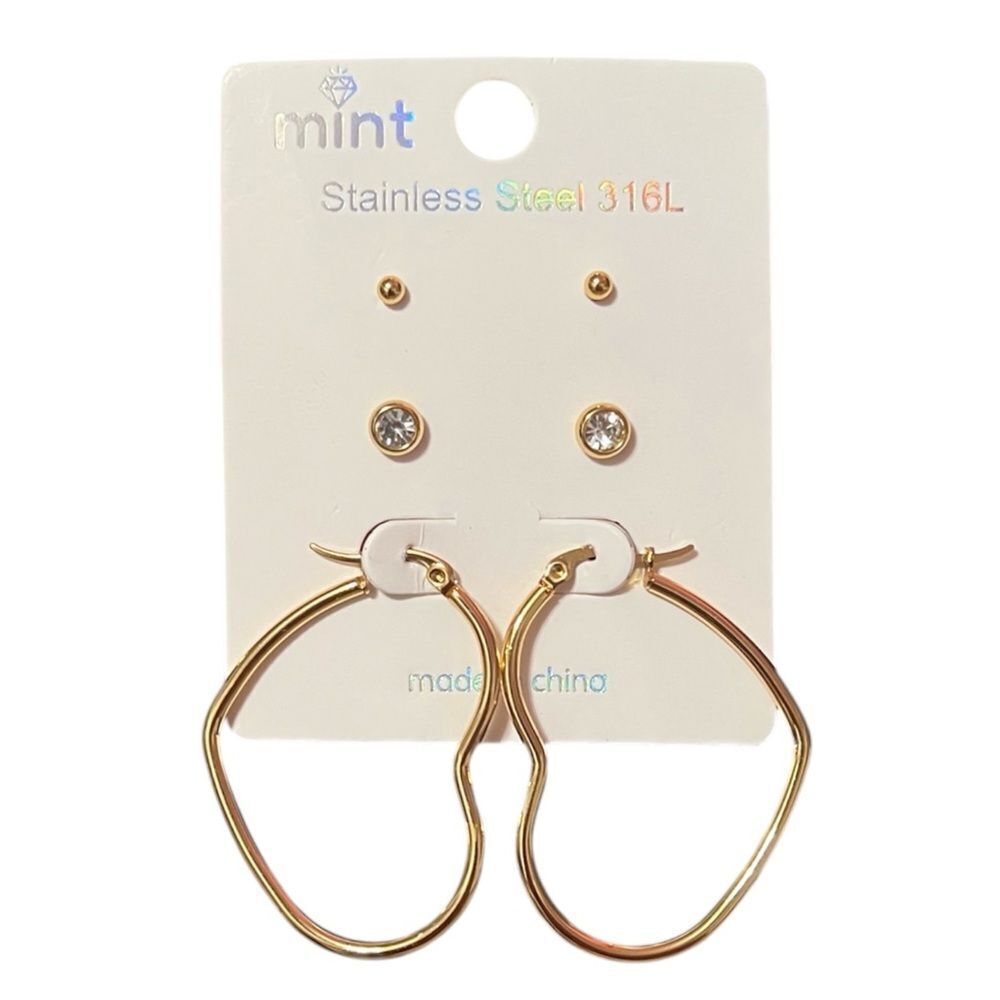 Gold Stainless Steel Heart Hoop And Stud Earrings Set